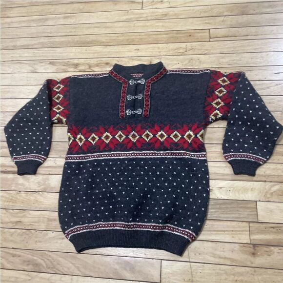 Vintage 80s 90s Wool Sweater Womens M FairIsle Winter Nordic Floral Gray Metal - Picture 14 of 16